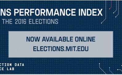A navy banner that reads "Elections Performance Index: Measuring the 2016 Elections. Now Available online at elections.mit.edu."