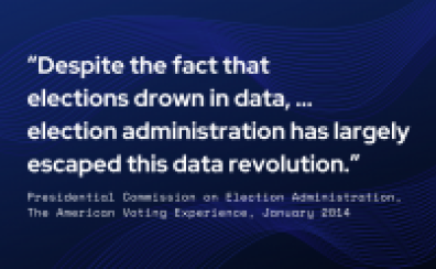 A dark blue graphic, with white text that reads, "Despite the fact that elections drown in data, ... election administration has largely escaped this data revolution."