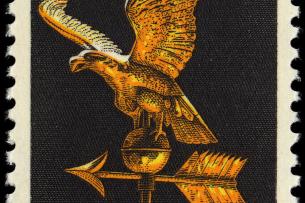 An old U.S. stamp featuring a golden eagle weathervane against a black background. Below the eagle is written, "Register & Vote," with the cost of the stamp (6 cents).