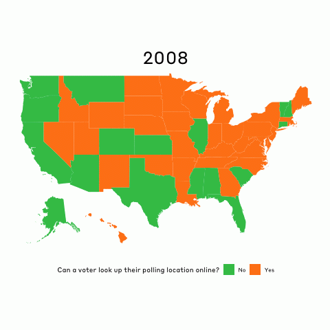 A short gif showing the increasing number of states allowing voters to look up their polling location online, from 2008 to 2016
