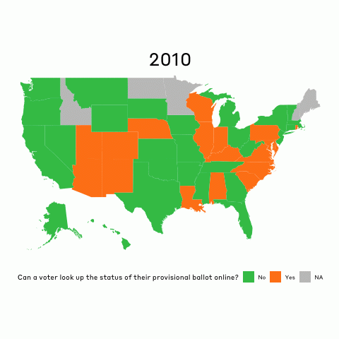 A short gif showing the increasing number of states that allow voters to check the status of their provisional ballot online, from 2008 to 2016