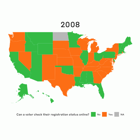 A short gif showing the number of states that have online registration status checks from 2008 to 2016