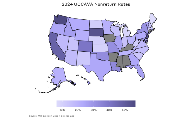 Map of the United States with a purple gradient indicating the 2024 UOCAVA ballot nonreturn rates